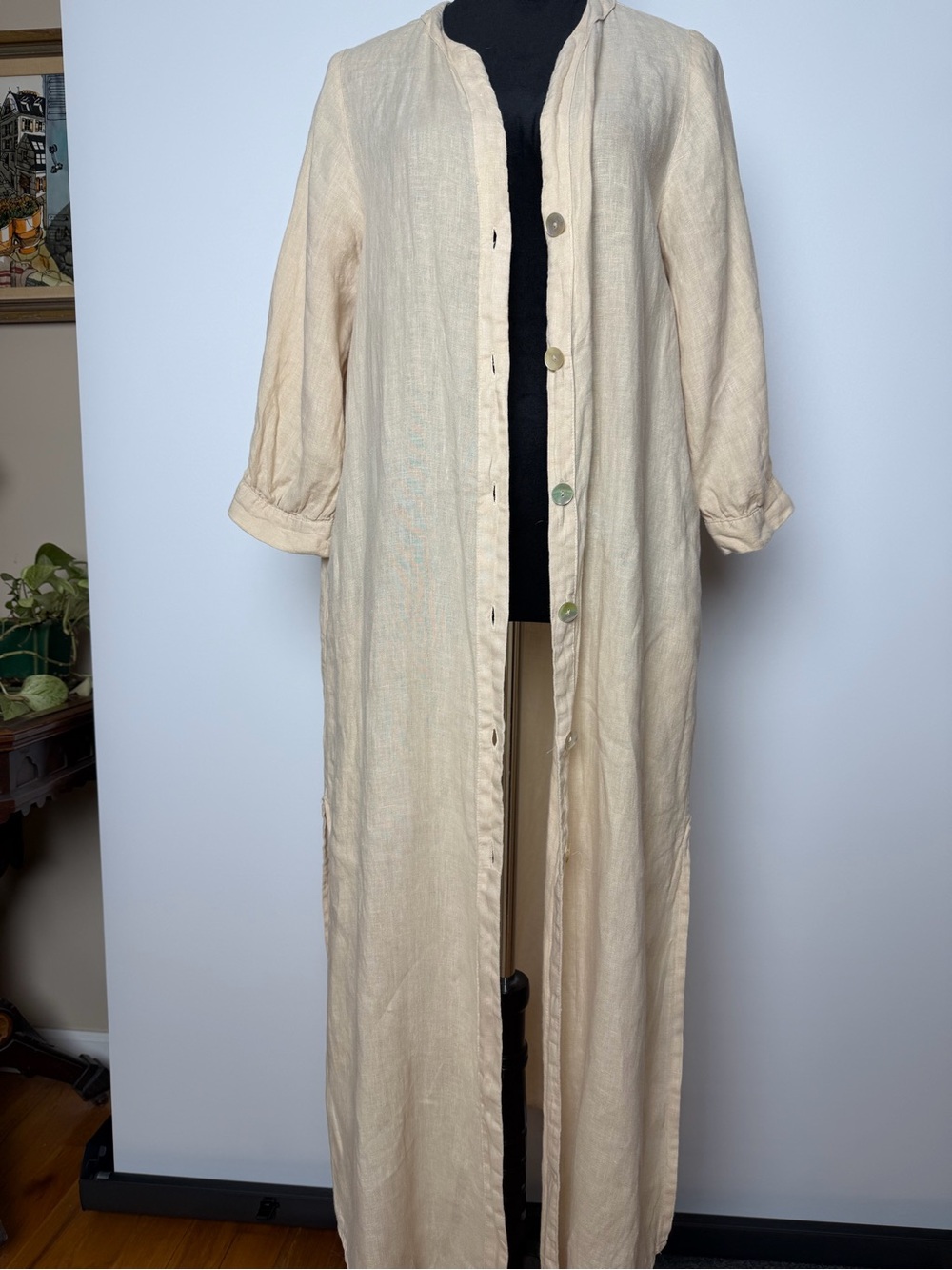 Zara Natural Beige Button-Front 100% Linen Dress/Coat